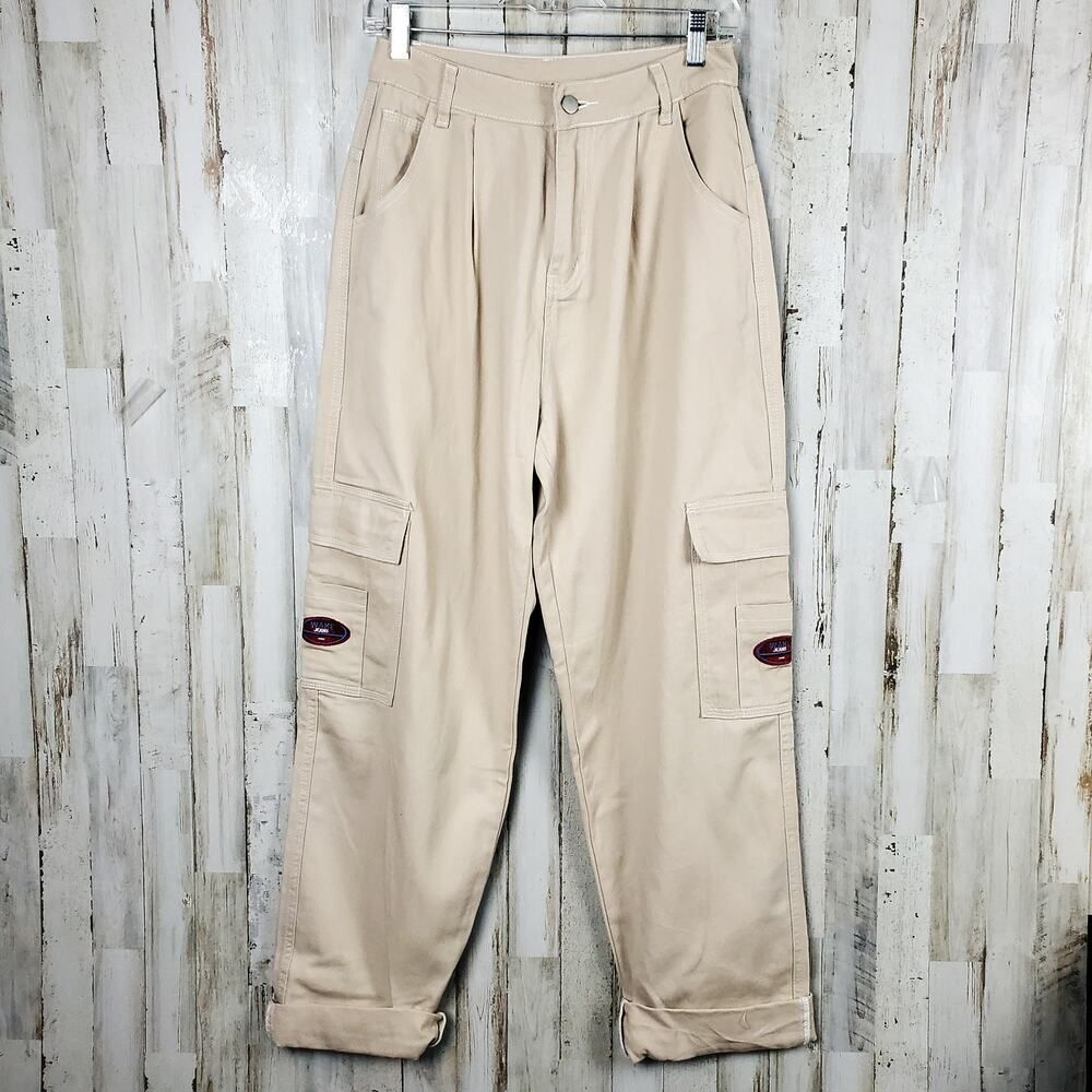 Shein Patched Detail Flap Pocket Wide Leg Jeans Khaki Size Small 4